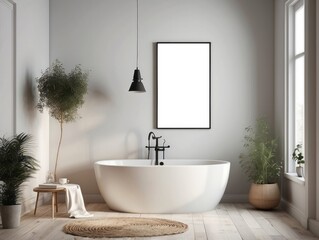 Sticker - White Freestanding Tub in a Minimalist Bathroom with Greenery