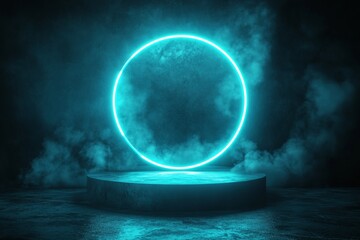 Poster - GRUNGE street floor with glowing spotlights and blank display platform with green neon light product background stage or podium. 3D rendering.