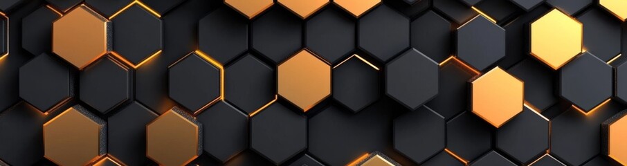 Poster - Black metal hexagon background with golden lines. Dark 3D geometric texture illustration. Bright grid pattern. Pure black horizontal banner wallpaper. Carbon elegant wedding background.