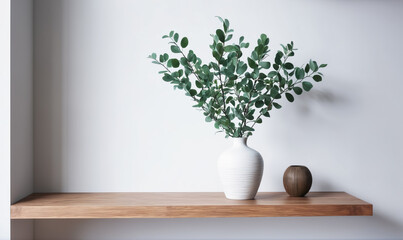 Wall Mural - A vase filled with green leafy branches sits on a wooden shelf