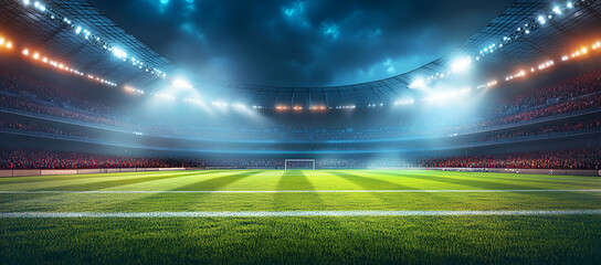 A large stadium with bright lights and green grass, full of cheering fans, Ai
