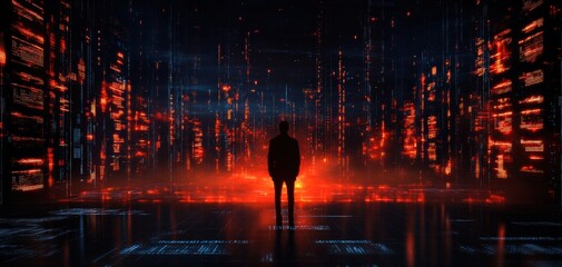 Poster - A figure stands in a futuristic digital landscape, surrounded by vibrant colors and data patterns, evoking a sense of mystery and technology.