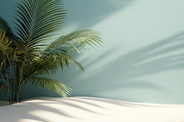 A blue background with a palm tree shadow in the summer.