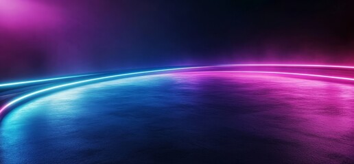 Poster - An abstract 3D rendering of futuristic sci-fi neon lights on a black background with reflective concrete and empty space for text.