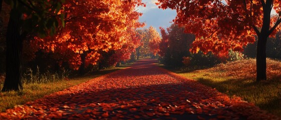 A serene autumn pathway blanketed in vibrant red leaves, surrounded by trees, evoking a peaceful and picturesque landscape.