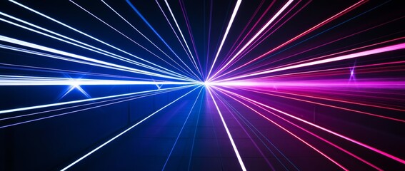 Poster - Blue abstract background with neon rays, light flashes, faces, lines. Abstract cosmic wallpaper.