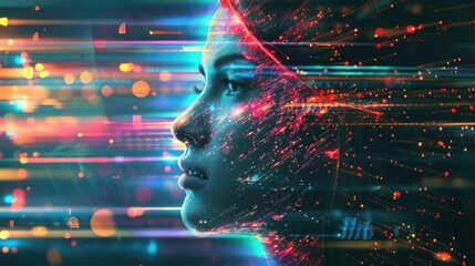 Wall Mural - woman's face with neon lights.