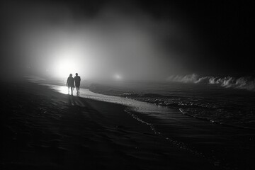 two people standing on a beach at night