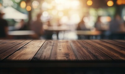 Wall Mural - Retro wood desk space with blurred background of a bar