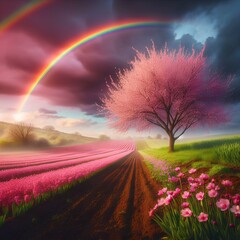 Wall Mural - field with pink flowers, cherry blossom tree and colorful rainbow in cloudy sky over field.