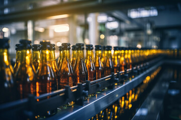 Wall Mural - Production line of beer factory. Conveyor belt with bottles. Selective focus, Copy space