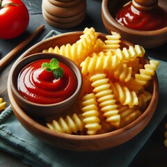 Wall Mural - French fries crinkle cut and bowl of tomato sauce. Tasty food. Appetizing snack.