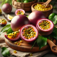 Wall Mural - Fresh Passion Fruit on Natural Background, Exotic Ripe Purple Maracuya with Juicy Yellow Pulp Close-Up.