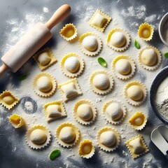 Fresh Ravioli Pasta Sprinkled with Flour on table Surface, pattern, top view.