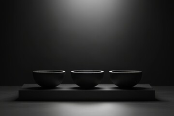 Poster - Display on a black podium or pedestal on a dark background with an extended platform. A blank shelf standing behind a white backdrop. This is a 3D rendering.