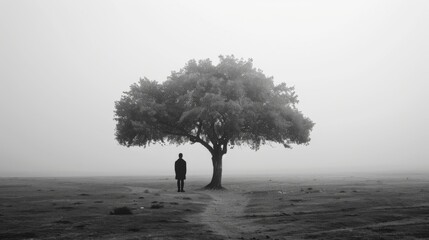 Sticker - Lone Figure Under Tree in Foggy Landscape