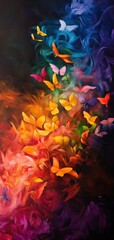  A vibrant explosion of colorful butterflies amidst a captivating swirl of abstract hues and textures, evoking joy and transformation.