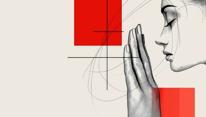 Wall Mural - Abstract Woman Praying with Geometric Red Background