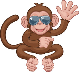 Poster - A monkey cute happy cool cartoon character animal wearing sunglasses waving and pointing