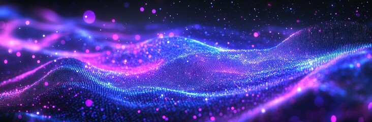 Poster - 3D rendering of an abstract neon wave background in purple and blue. Visualization of virtual reality in the computer.