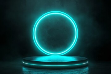 Poster - This 3D rendering features a green neon light stand on a grungy street floor with a glowing spotlight and blank display platform.