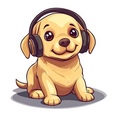 Wall Mural - Cute character design of a labrador retriever wearing headphones on white background 