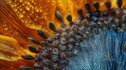 Poster - Closeup of a sunflower with water droplets.