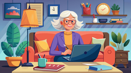 Wall Mural - Happy stylish mature old woman remote working from home distance office on laptop taking notes. Smiling 60s middle aged business lady using computer watching webinar sit on couch writing in notebook