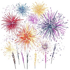 Wall Mural - Vibrant clipart fireworks, each explosion frozen in time, adding a sense of festivity to the clean white background.