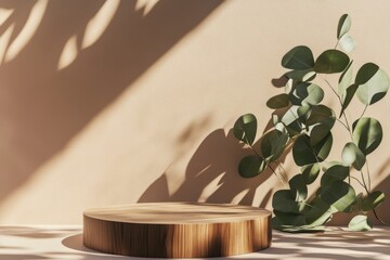 Poster - This is a mockup of a cosmetic product made from wood slices on a beige background