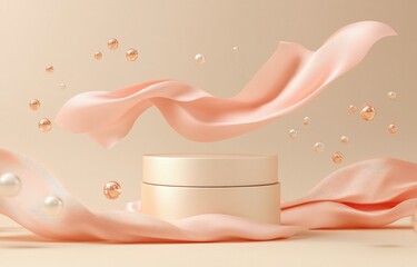 Poster - Display podium with beige background and flying nude silk cloth curtain. Nature wind. Beauty, cosmetic product presentation stand with 3D render.
