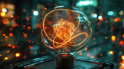 Wall Mural - Glowing light bulb with orange filament and bokeh.