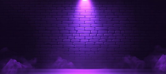 Poster - Texture of brick walls, blue and purple backgrounds, laser beams, neon lights, reflection on the floor from spotlights, and smoke floating high above a studio room.