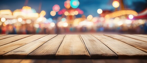 A beautiful wooden table top with a blurred background of a vibrant carnival at night, creating a festive atmosphere.