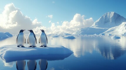 Aufkleber - Three penguins standing on a snow bank in front of a mountain