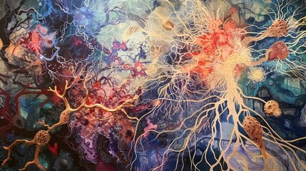Abstract painting with intricate network of veins and branches.