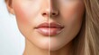 © Pichapob - A split image of a woman's face showing the results of dermal fillers, with the left side featuring deep nasolabial folds and the right side displaying smooth, youthful contours