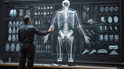 Poster - Teacher using a 3D hologram to explain complex engineering principles to college students Stock Photo with copy space