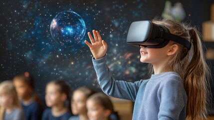 Poster - Teacher using a 3D hologram to explain complex engineering principles to college students Stock Photo with copy space