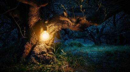 Wall Mural - Light Bulb Hanging From Tree Branch in the Woods.