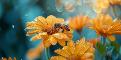 Wall Mural - A bee collecting nectar from vibrant yellow flowers with dew drops glistening.