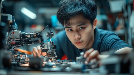 Aufkleber - A young man is working on a robot in a workshop