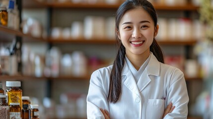 Aufkleber - Asian teacher using a 3D hologram to teach traditional Chinese medicine in a classroom setting Stock Photo with copy space