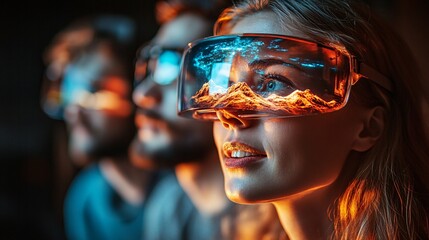 Poster - Students studying the effects of climate change using a 3D holographic model of the Earth Stock Photo with copy space