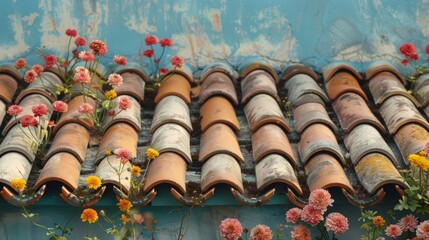 Wall Mural - Rustic Tiled Roof with Colorful Flowers