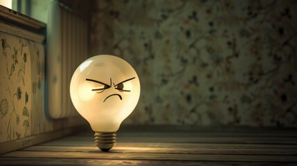 Wall Mural - Frustrated Light Bulb on Wooden Floor.