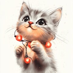 Wall Mural - A cute kitten with big eyes playfully holding a string of glowing orange lights.