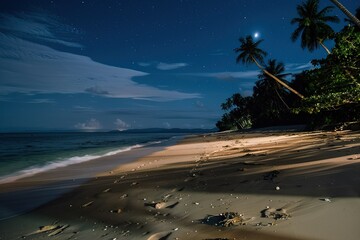 a beach at night with palm trees and the moon in the sky