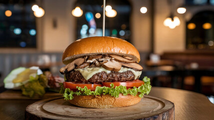 Delicious gourmet mushroom Swiss burger with melted cheese, fresh lettuce, and tomato on a toasted bun, served on a plate with a soft, cozy restaurant background. 