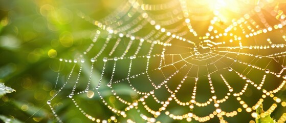Glittering Dewdrops on Spider Web in Early Morning Light - Close-Up Nature Background